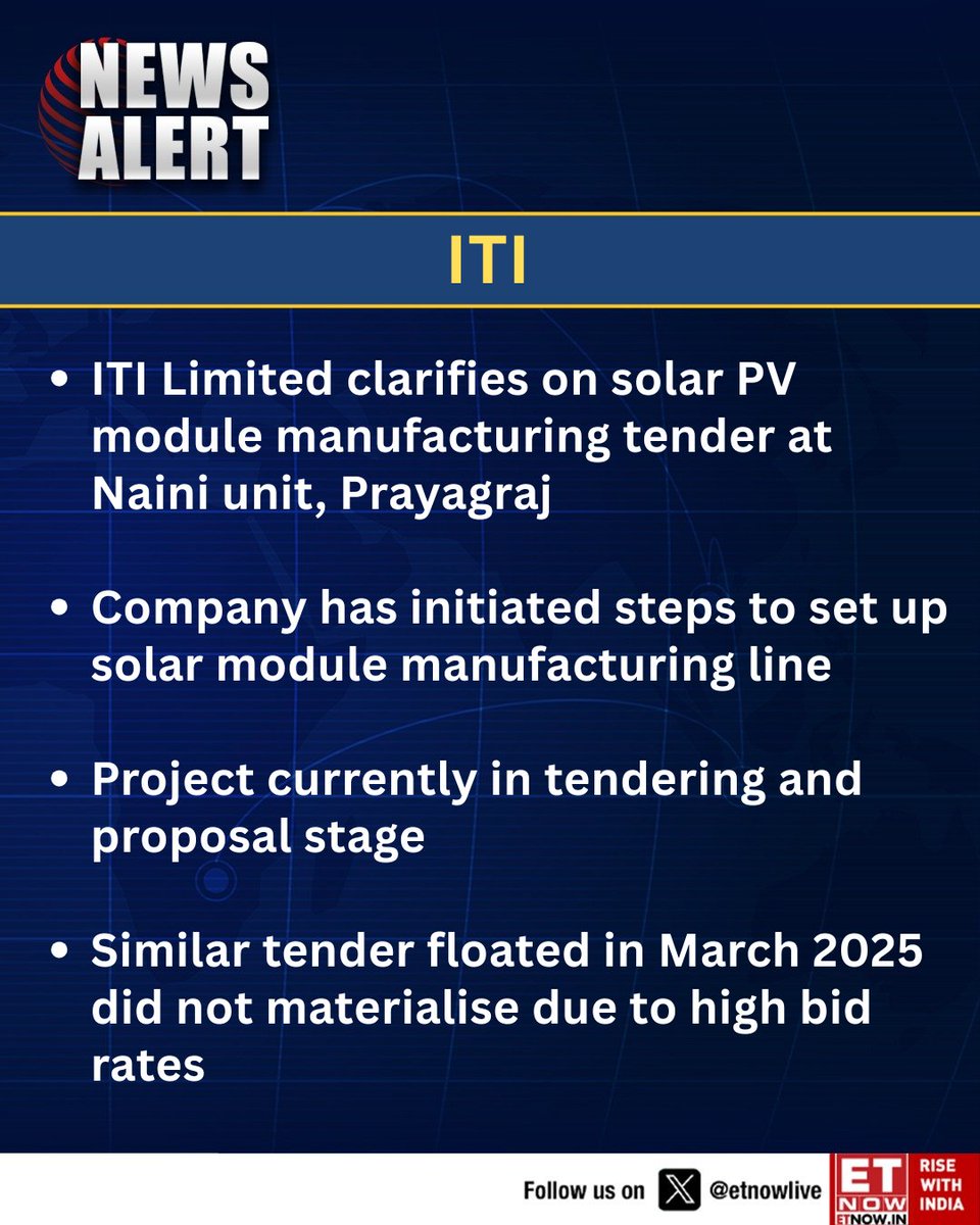 ETNOWlive's tweet image. #StockInNews | ITI Limited says Naini solar module project remains in tender stage after earlier bid failed due to high rates 

#ITI #Solar #Renewables #India #Manufacturing #StocksInNews