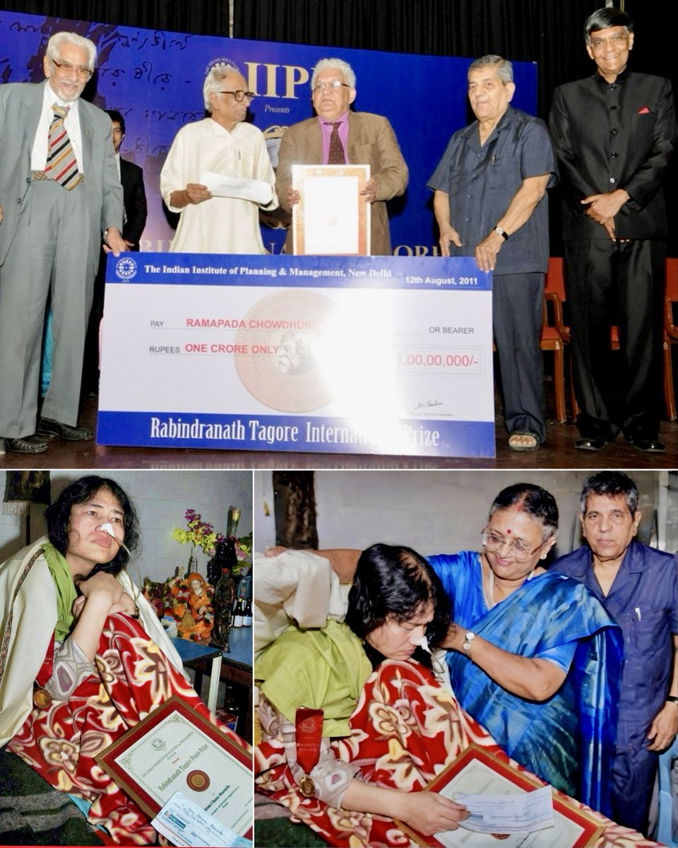 DrArindam_IIPM's tweet photo. *The Founding Director of IIPM Movement, Dr. Malay Chaudhuri’s 89th Birth Anniversary: The Visionary Who Turned His Tagore Dream into India’s Own Nobel – With ₹1 Crore & ₹50 Lakh Awards*

Today marks my father (Baba for me), and the Founding Director of the IIPM Movement, Dr. Malay Chaudhuri’s 89th Birth Anniversary. He left us in August 2019, but every single day since then I have felt his presence guiding me, reminding me what it truly means to live for others. Though he isn’t there anymore, I have said this before as well,— seeing him regularly in my dreams remains one of the happiest parts of my life. 

From 1984 almost right until the day he passed, Baba devoted his entire life to hands-on social work in rural India. He never believed in “donating money and walking away.” For him, real social service meant being there in the trenches — personally, physically, emotionally — working, educating the underprivileged, giving them access to better healthcare, fighting for justice, and touching lives one by one. That was his religion, and he lived it every single day without exception.

But there was another equally passionate side to him that very few people knew about — his deep philanthropic conviction about *honouring excellence with real prize money*. Baba always said, “Awards without substantial cash have no meaning. They become hollow ceremonies.” He wanted recognition to actually change lives, to give winners the dignity and freedom that only financial independence can bring.

That belief led him to create what he dreamed would one day become India’s own Nobel-level platform — an alternate to the Nobel Prize in Peace & Literature, named after his greatest inspiration, *Rabindranath Tagore*.

In the last decade of his life, at IIPM, Baba quietly initiated and gave away some of the *highest-value monetary awards in the entire history of independent India*. These were not small token prizes. These were life-changing sums — the kind that should have made headlines for their sheer magnitude — given to 50+ leading names of India from the field of Literature to Public Health to Peace to Journalism to Bureaucracy to Sports. Many of them for sons and daughters of Bengal — as an ode to his roots — a state he felt was full of talent that remained most under appreciated.

Here are the ones that still fill me with goosebumps:

*The crown jewel — Rabindranath Tagore Memorial International Prize in Literature/Economics/Management (2010)*
This was the one closest to Baba’s heart. He had explicitly set it up as India’s answer to the Nobel. Legendary writer *Ramapada Chowdhury* received *₹1 crore* — at that time one of the single largest individual literary prizes ever awarded in India.  

In that historic ceremony, *Nobel Laureate Prof. Mohan Munasinghe* (Chief Guest) and *Lord Meghnad Desai* (Guest of Honour) presented the award along with Dr. N. R. Chatterjee, the guiding light of IIPM. Baba had specifically wanted an Asian Nobel laureate to come and present the prize — a dream he fulfilled with Prof. Munasinghe’s gracious presence. His vision was to make this the beginning of something much bigger… a Tagore Peace & Literature Prize that would one day stand shoulder-to-shoulder with Stockholm.

*A deeply special and emotional recognition — Rabindranath Tagore International Peace Prize (2010)* For the fearless “Iron Lady of Manipur”, *Irom Chanu Sharmila*, who fought for 16 long years with her epic hunger strike against AFSPA, Baba awarded a staggering *₹51 lakh* along with a Gold Medal. This was one of the largest peace prizes ever given in India at the time — a powerful statement of his respect for true courage and sacrifice in the cause of peace and human rights. It was a very special award, close to his heart, and reflected his belief that peace warriors deserve recognition on the grandest scale.

Contd….