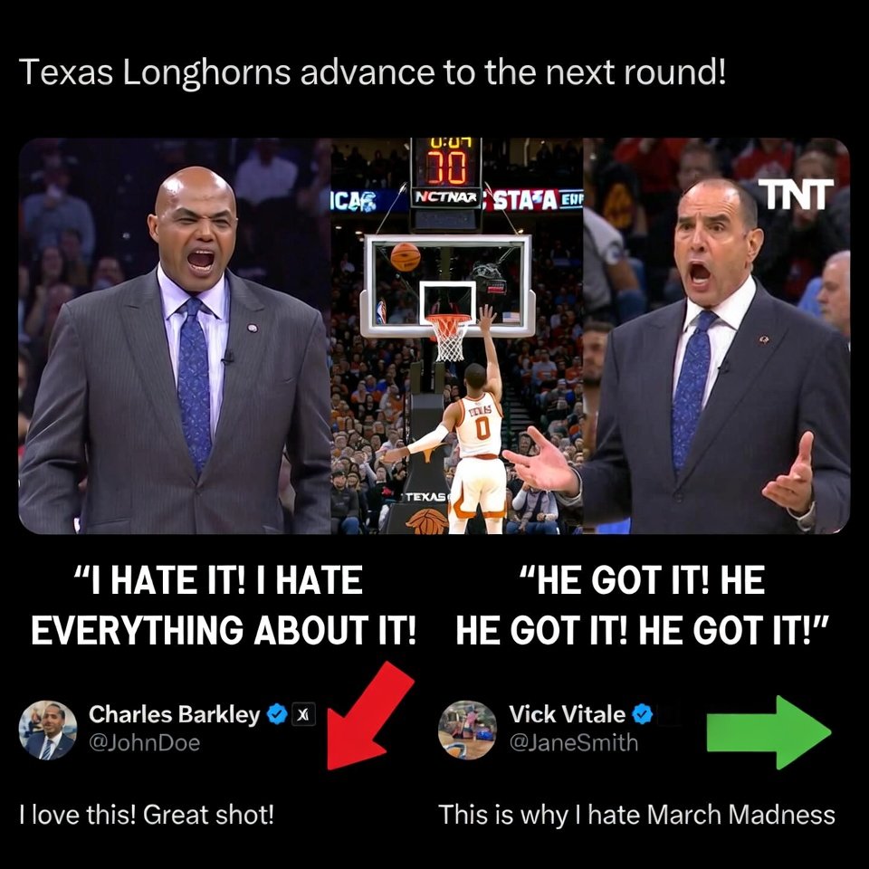 Sloja's tweet image. Texas hits the buzzer-beater → Barkley &amp;amp; Vitale lose their damn minds → my timeline: 50% ‘this is peak March’ and 50% ‘please make them stop’ 😂🔥