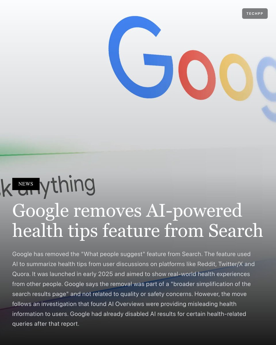 techpp's tweet image. Google removes AI-powered health tips feature from Search

#Google #Search #AI #Health
