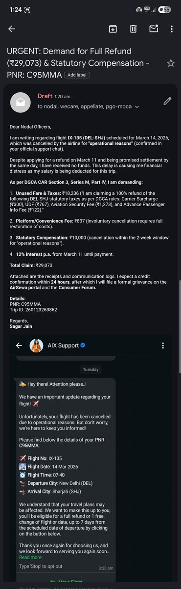 Jerryjain141414's tweet photo. Flight IX-135 (DEL-SHJ) cancelled with < 2 weeks notice. @airindiax says refund sent to @Cleartrip, but Cleartrip denies it.
​Still no ₹10k statutory compensation owed under DGCA CAR Sec 3, Series M, Part IV. @DGCAIndia please intervene. PNR: C95MMA #AirIndiaExpress #Cleartrip https://t.co/aXQHr2cmS9