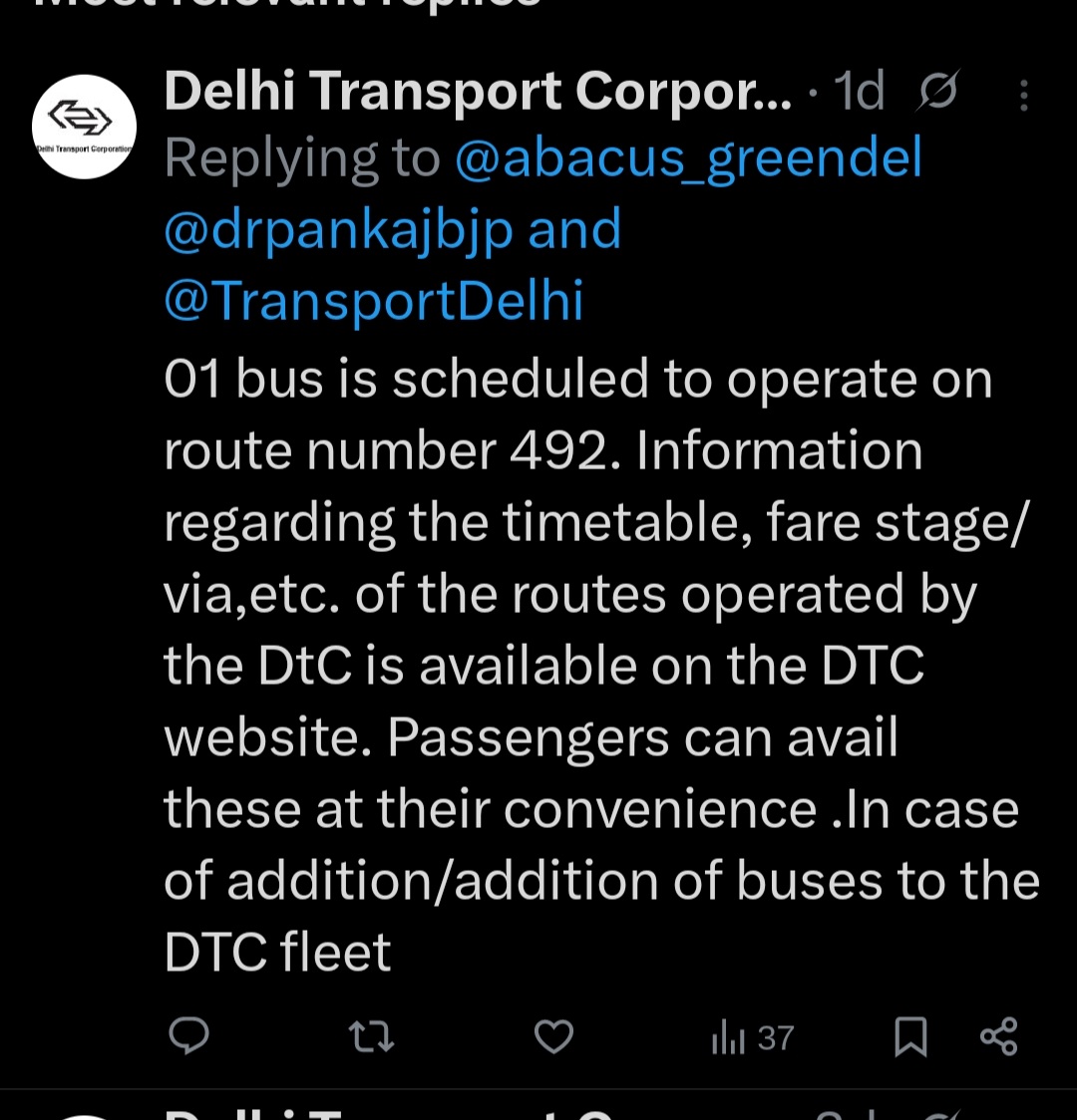 abacus_greendel's tweet photo. To: @dtchq_delhi 
Sir, your reply on 492 route (as per the screenshot) is not clear. Kindly reply when will the service on this route will become regular &amp; useable ?? !!
Cc : 1) DGM- oprerations/DTC HQ
2) MD office / DTC Inderprastha Depot
@drpankajbjp @CMODelhi https://t.co/4ZqBVjkTkp