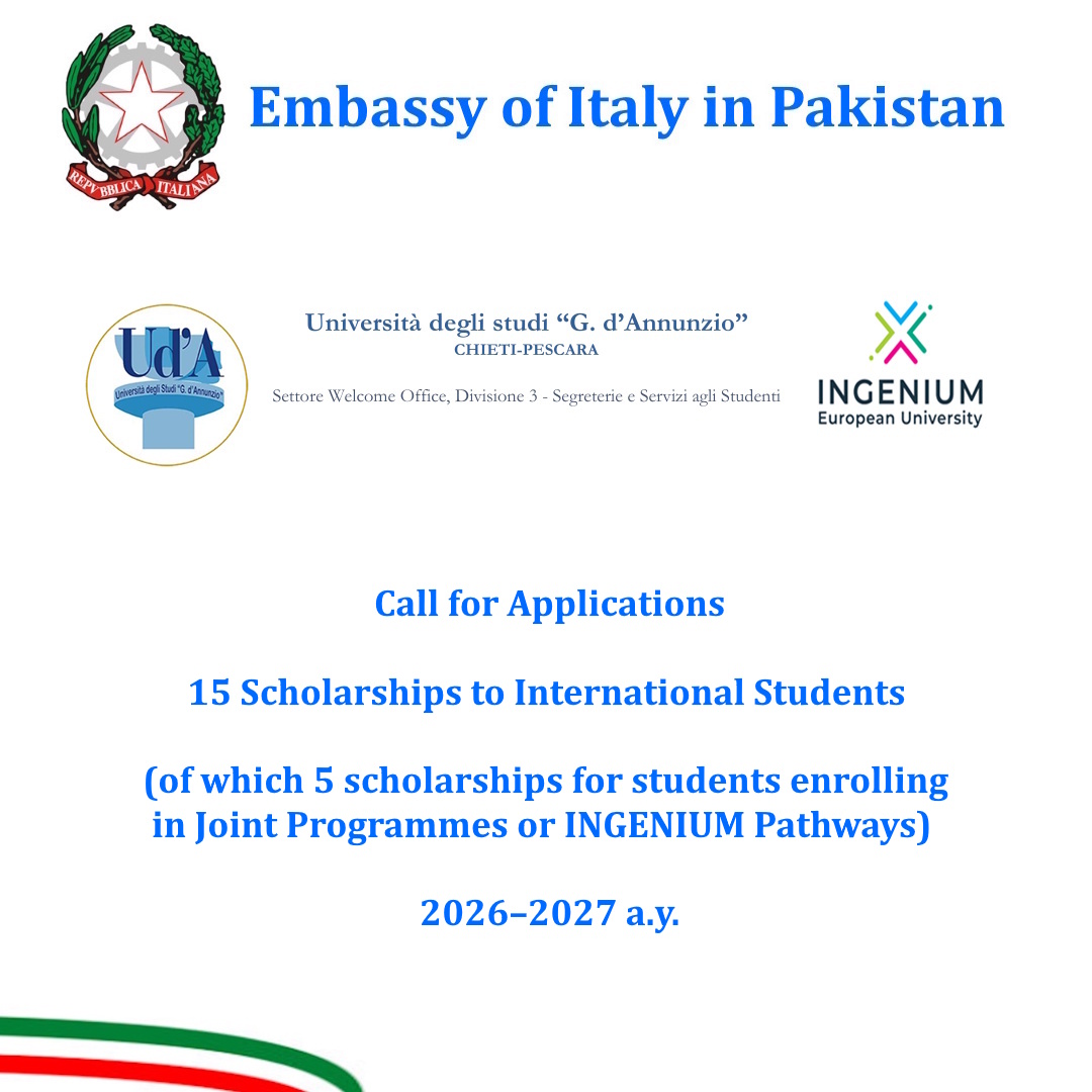 ItalyinPakistan's tweet image. Università degli studi “G. d’Annunzio” CHIETI-PESCARA 

NOTICE REGARDING THE AWARD OF 15 SCHOLARSHIPS FOR INTERNATIONAL STUDENTS  
 for the 2026-2027 academic year.  
The call for applications is available at the following link:unich.it/international/….