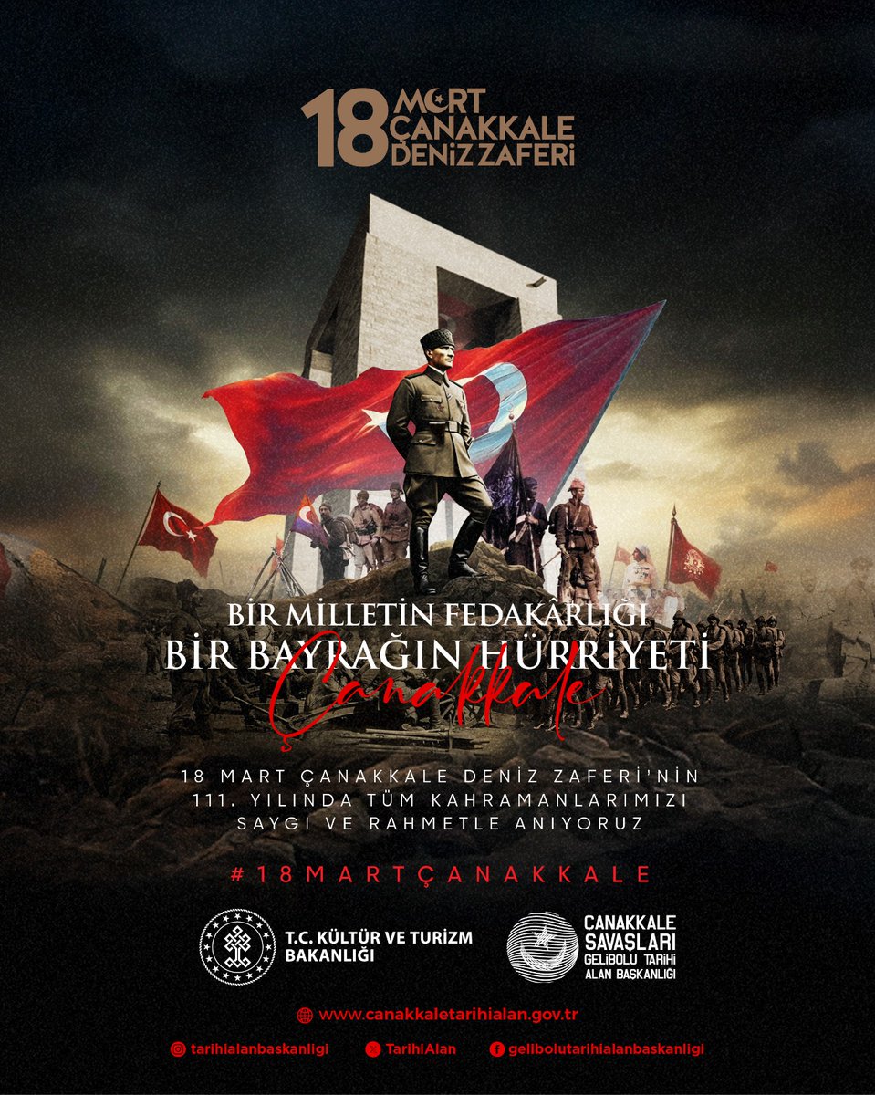 HalitMtal's tweet photo. Başta Gazi Mustafa Kemal Atatürk olmak üzere Çanakkale’nin tüm kahramanlarını rahmet ve minnetle anıyoruz.
18 Mart Çanakkale Zaferi kutlu olsun. 🇹🇷 https://t.co/hQF8xbvu0O