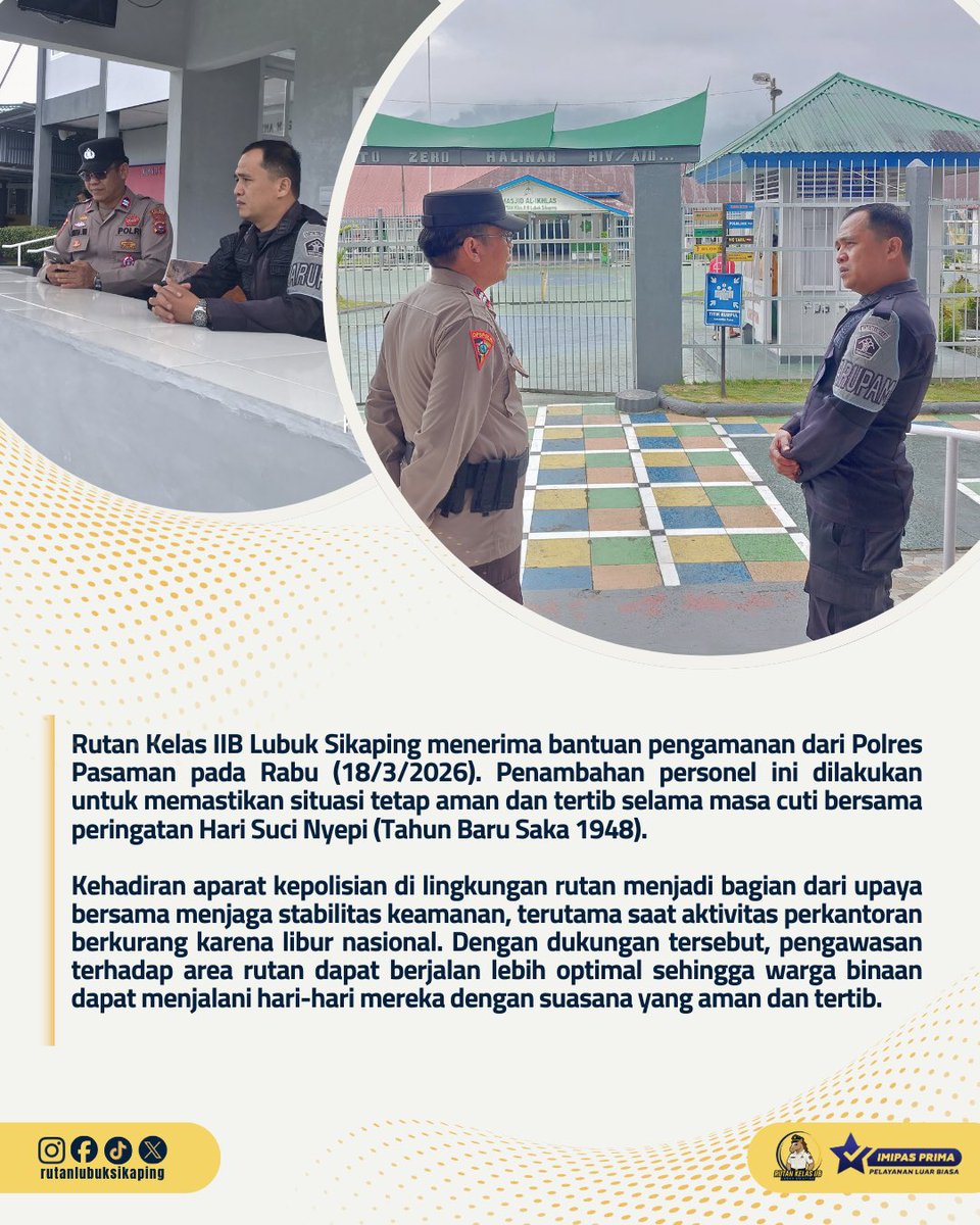 rutanlusika's tweet image. Rutan Kelas IIB Lubuk Sikaping menerima bantuan pengamanan dari Polres Pasaman pada Rabu (18/3/2026).

#kemenimipas #guardandguide #infoimipas #pemasyarakatan #imipasprima