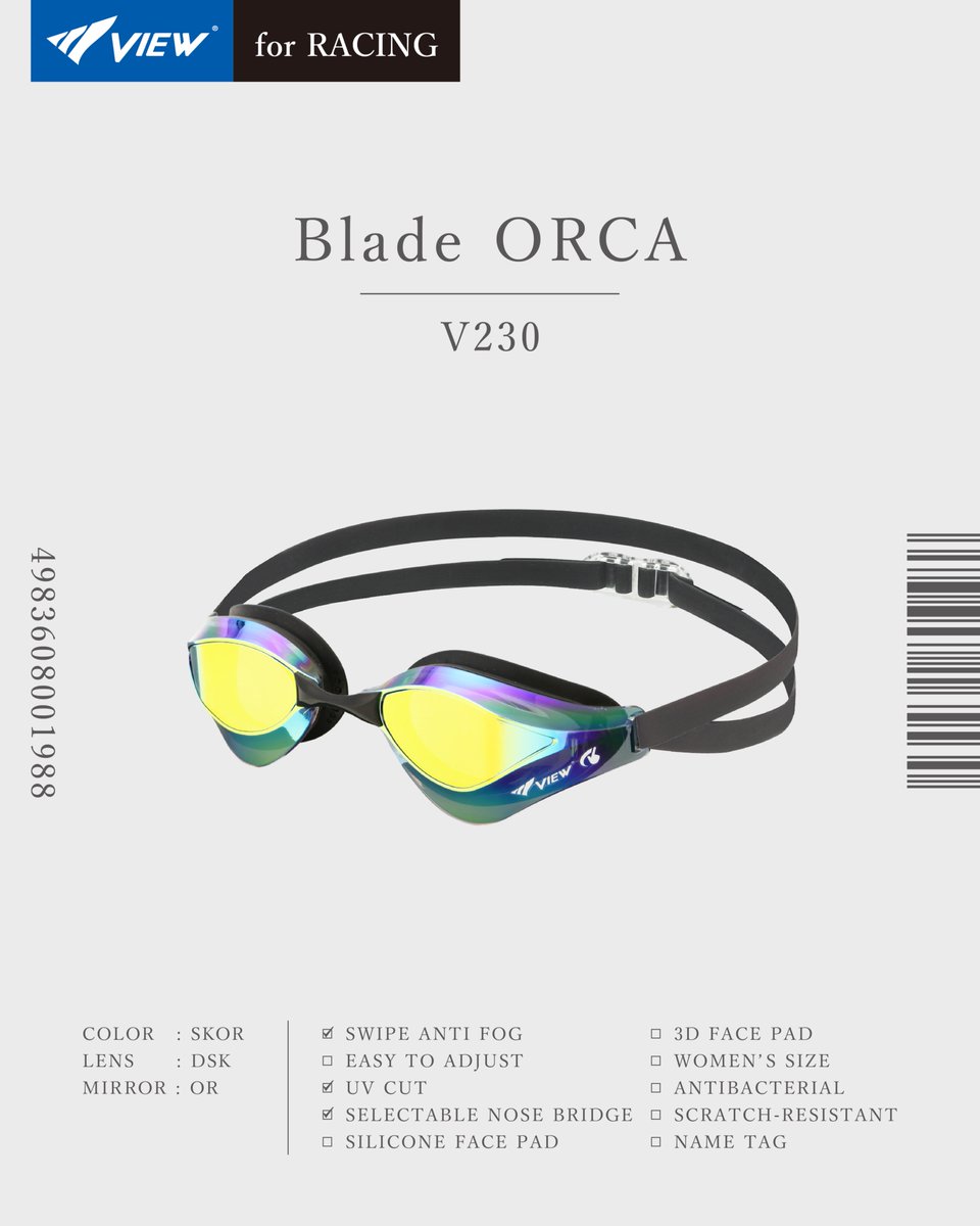 view_swim's tweet photo. Blade ORCAは、流水抵抗を極限まで削ぎ落とし、
究極のフィッティングを追求した
Bladeシリーズのクッション付きモデル！

男女ともに合わせやす��SKORカラーは
まぶしさを抑えつつ、アグレッシブな印象です！

#viewゴーグル #日本製 #競泳 #マスターズ
#トライアスロン #オープンウォーター #OWS https://t.co/FD0UvLRQ8Z
