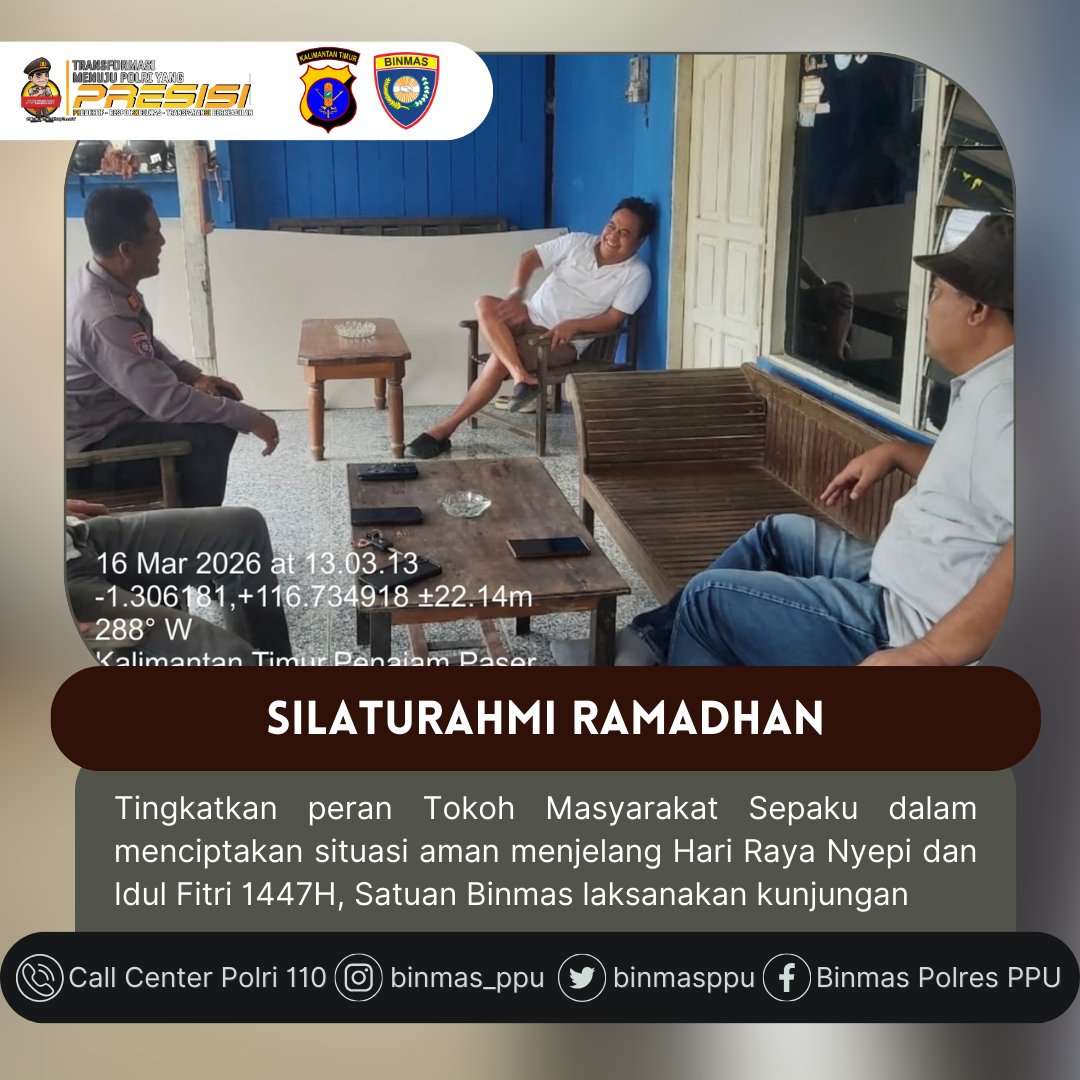 binmasppu's tweet photo. Tingkatkan peran tokoh masyarakat Sepaku dalam menciptakan situasi aman menjelang Hari Raya Nyepi dan Idul Fitri 1447H, Satuan Binmas laksanakan kunjungan 

#PolresPPU #PoldaKaltim #Polripresisi #MudikAman #iknNusantara #PolriUntukMasyarakat #CoolingSystem https://t.co/iTTAAoaUvQ