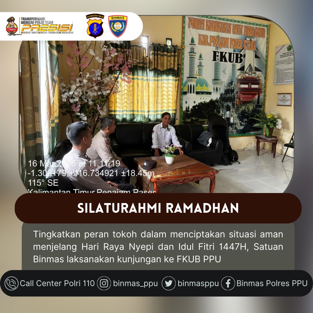 binmasppu's tweet photo. Tingkatkan peran tokoh dalam menciptakan situasi aman menjelang Hari Raya Nyepi dan Idul Fitri 1447H, Satuan Binmas laksanakan kunjungan ke FKUB PPU

#PolresPPU #PoldaKaltim #Polripresisi #MudikAman #iknNusantara #PolriUntukMasyarakat #CoolingSystem https://t.co/kV8hN5H4oy