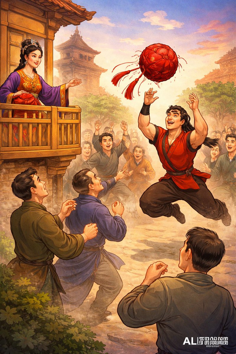 抛绣球招亲
记得很久以前看《说唐》的小人书，说是王世充女儿招亲，当街扔绣球，人群中正好砸到单雄信，然后两人成亲。

被砸中者，以后对外人讲故事时，会说，想当年，我努力站位，左右腾挪，终于接到了绣球。学我如何锻炼身体，你也可以接到绣球！