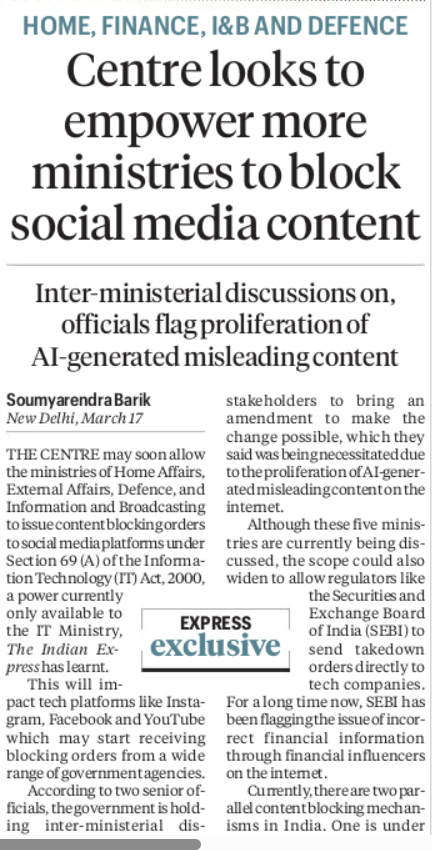 PANCHOBH's tweet image. Sec 69(A) expansion: More ministries, more blocking orders, less centralized oversight. India’s digital landscape is about to get a lot more regulated. Necessary safeguard or democratic overreach? #FreedomOfExpression #ITAct #BreakingNews