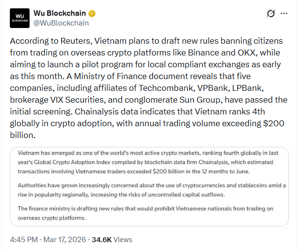 thangbui2285's tweet photo. Trang báo nổi tiếng Reuters đã đưa tin, Việt Nam đang lên kế hoạch thành lập các sàn Crypto riêng.
Dữ liệu từ Chainalysis, Việt Nam được xếp hạng thứ 4 trên toàn thế giới về mức độ chấp nhận crypto với khối lượng giao dịch hàng năm vượt 200 tỷ đô. https://t.co/YPFK6IYaph