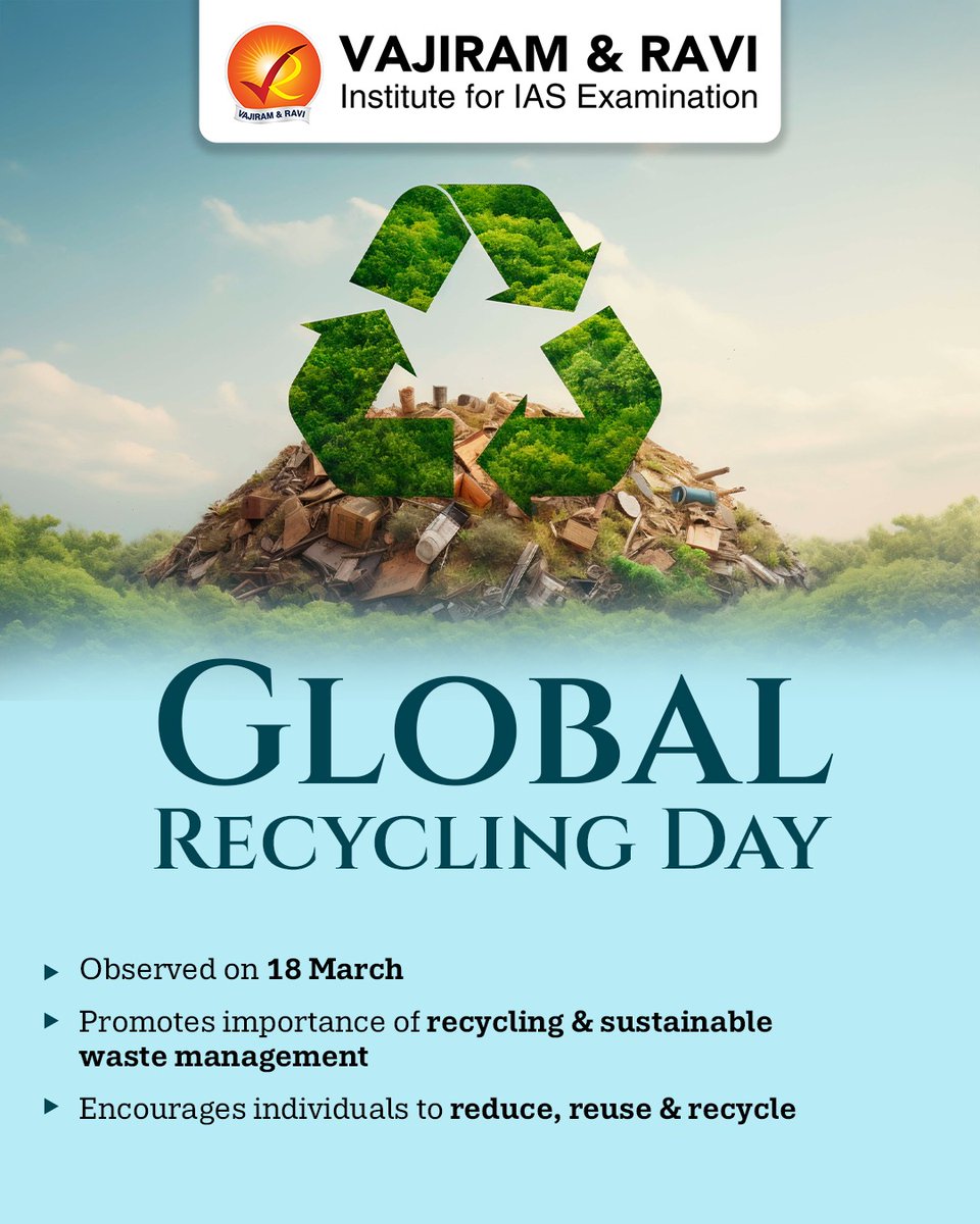 VajiramRavi's tweet photo. Theme for 2026: "Don't Think Waste — Think Opportunity"
The 2026 theme focuses on reframing our perception of discarded materials.
#GlobalRecyclingDay #RecyclingOpportunity #CircularEconomy #SeventhResource #ClimateAction #WasteManagement #OnThisDay #GreenIndia #EcoFriendly https://t.co/i370qQs5OF