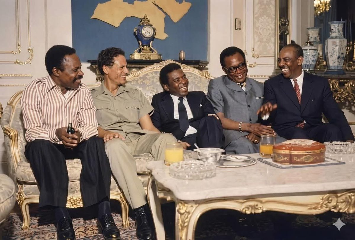 InsideSomalia2's tweet photo. A rare and historic image of some of Africa’s most influential leaders during the 1960s and 1970s. From Gabon to Libya, Togo, Zaire, and Somalia, this photo brings together figures who shaped a major chapter in the continent’s political history. https://t.co/AmSKqKdv6F