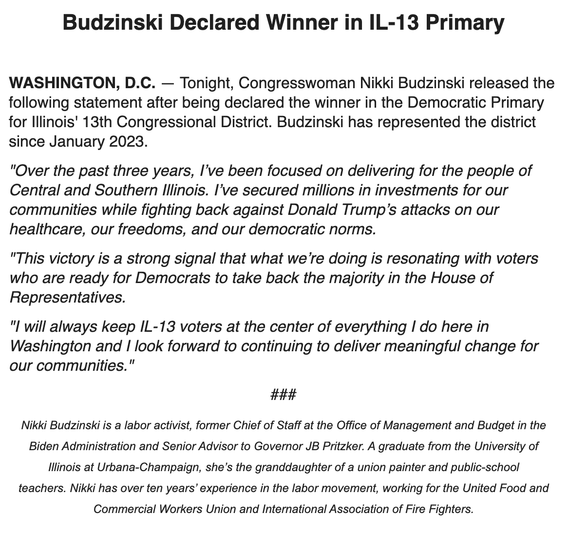NikkiBudzinski's tweet photo. I couldn’t be more honored that voters have chosen me to keep fighting for them in Washington.

My statement below 👇 https://t.co/pZT1RtmQ0P