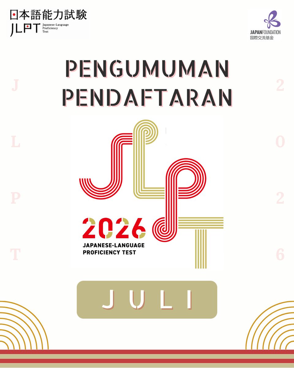 JF_Jakarta's tweet image. Terima kasih kepada seluruh sahabat JF yang sudah bersedia menunggu. JLPT Indonesia 2026 (Juli) datang dengan dua lokasi ujian baru yaitu Tangerang dan Samarinda!

Pembuatan Akun:
Mulai 31 Maret 2026, pukul 09:00 WIB

Situs Pendaftaran:
jlptonline.or.id

#JLPT #jfjakarta