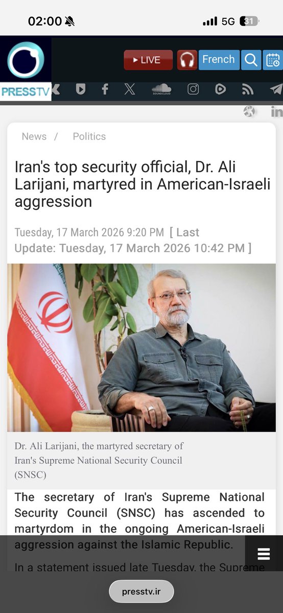 Rachid_Achachi's tweet image. L’Iran a officiellement confirmé la mort de Ali Larijani mort en martyre : presstv.ir/Detail/2026/03…
