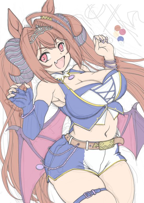 進捗状況:カラーラフ skebでのご依頼で月下の悪魔ちゃんのコスチュームに身を包んだダイワスカーレットを描かせていただいています 線の修正を終え、仮に色を置いてみました