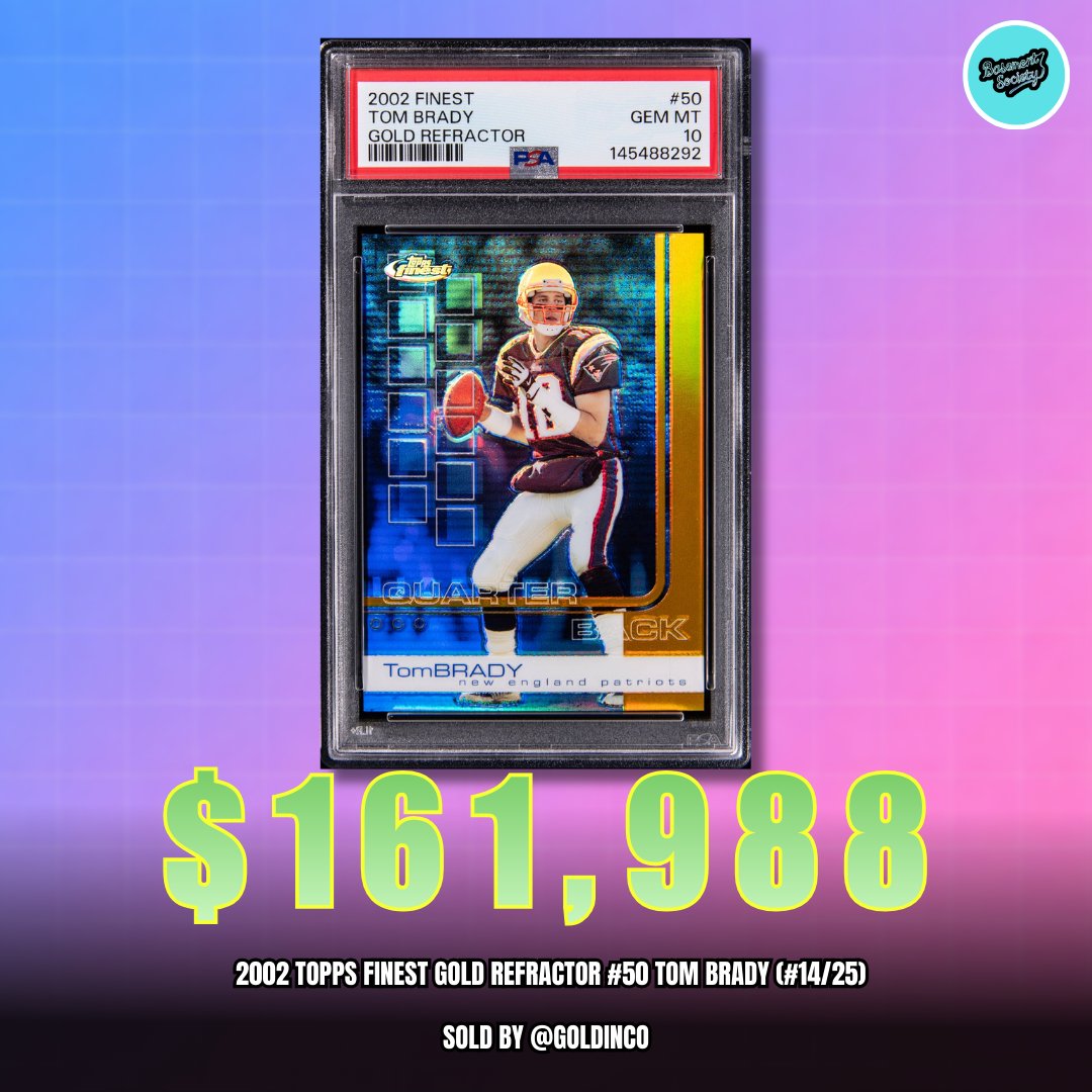 BsmntSoc's tweet image. $161,988 😱🏈
Tom Brady #50 Gold Refractor (#14/25) just sold at auction!

DM Basement Society for clipping &amp;amp; highlight services.

#TomBrady #BradyGoldRefractor #ToppsFinest #FootballCards #RareCards #SportsCollectibles #CardFlipping #CardMarket #TradingCards #CollectibleCards