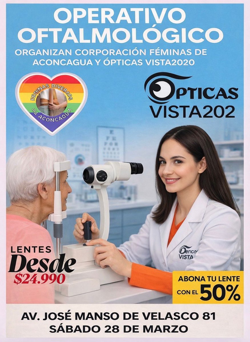 Diversidad_AC's tweet photo. 📅 Fecha: 28 de marzo
⏰ Horario: Desde las 09:00 hasta las 14:00 horas
📍 Lugar: Avenida José Manso de Velasco 81, San Felipe
📌 Modalidad: Atención por orden de llegada
👓 Lentes desde $25.000
✔️ Si compras los lentes:
La atención y la receta serán totalmente gratuitas. https://t.co/g4OZEdyvJB
