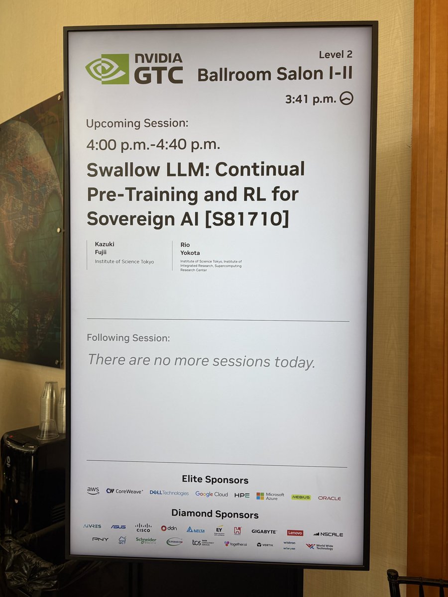 kazukifujii's tweet photo. GTC2026でSwallow LLMの開発に関するトークを行いました！
お越しいただいた方、ありがとうございました。 https://t.co/4D3Ul74qHT