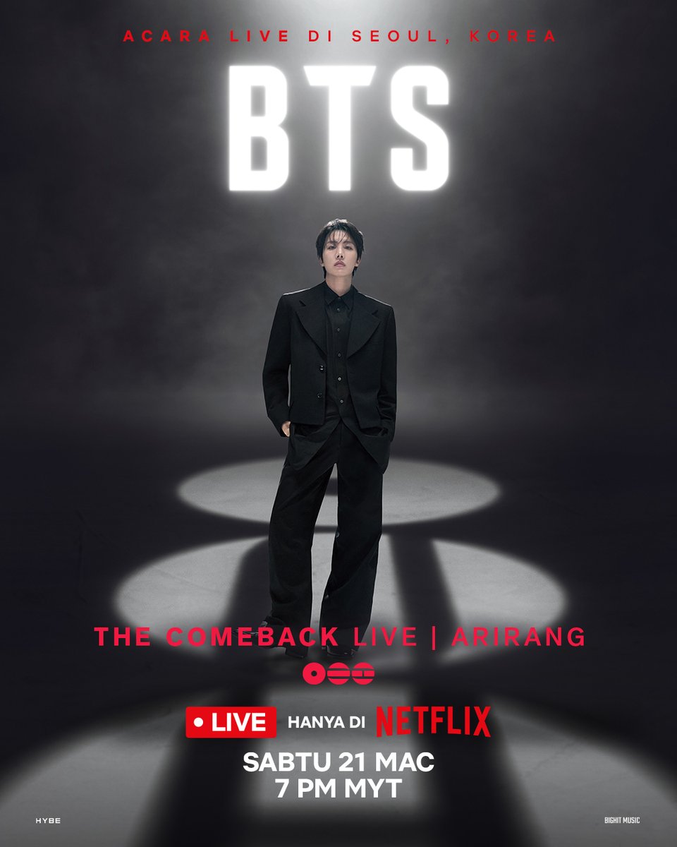 RM + Jin + SUGA + j-hope + Jimin + V + Jung Kook. 

BTS THE COMEBACK LIVE | ARIRANG. 21 Mac, 7PM MYT. LIVE di seluruh dunia, hanya di Netflix. #BTSLiveonNetflix #BTS_ARIRANG

4/7