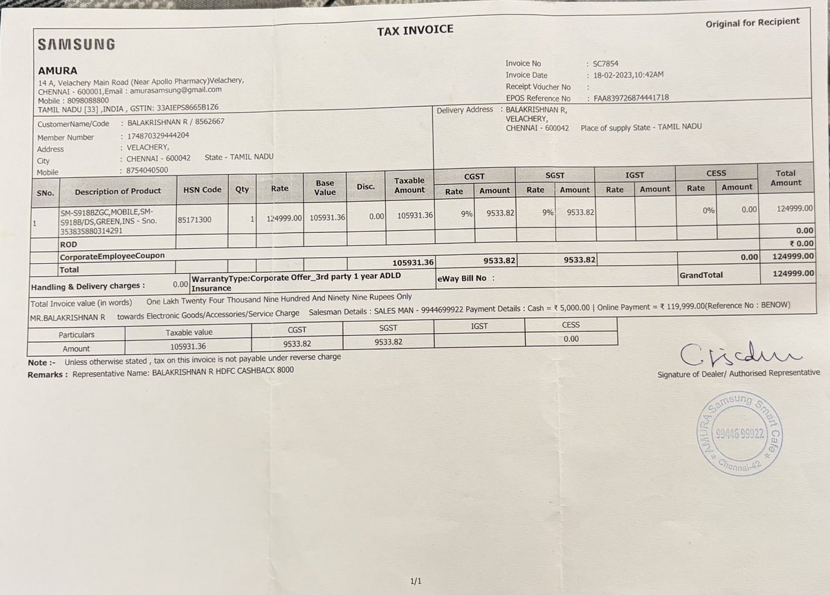krishnan618's tweet photo. @SamsungIndia Green line issue on my Galaxy S23 Ultra (Feb 2023 purchase).

No drop/damage. Issue persists even in Safe Mode → clearly a display defect.

Anna Nagar service center wrongly marked as physical damage and quoted ₹22K.

Requesting goodwill/free screen replacement. https://t.co/dOxxjCqf2I