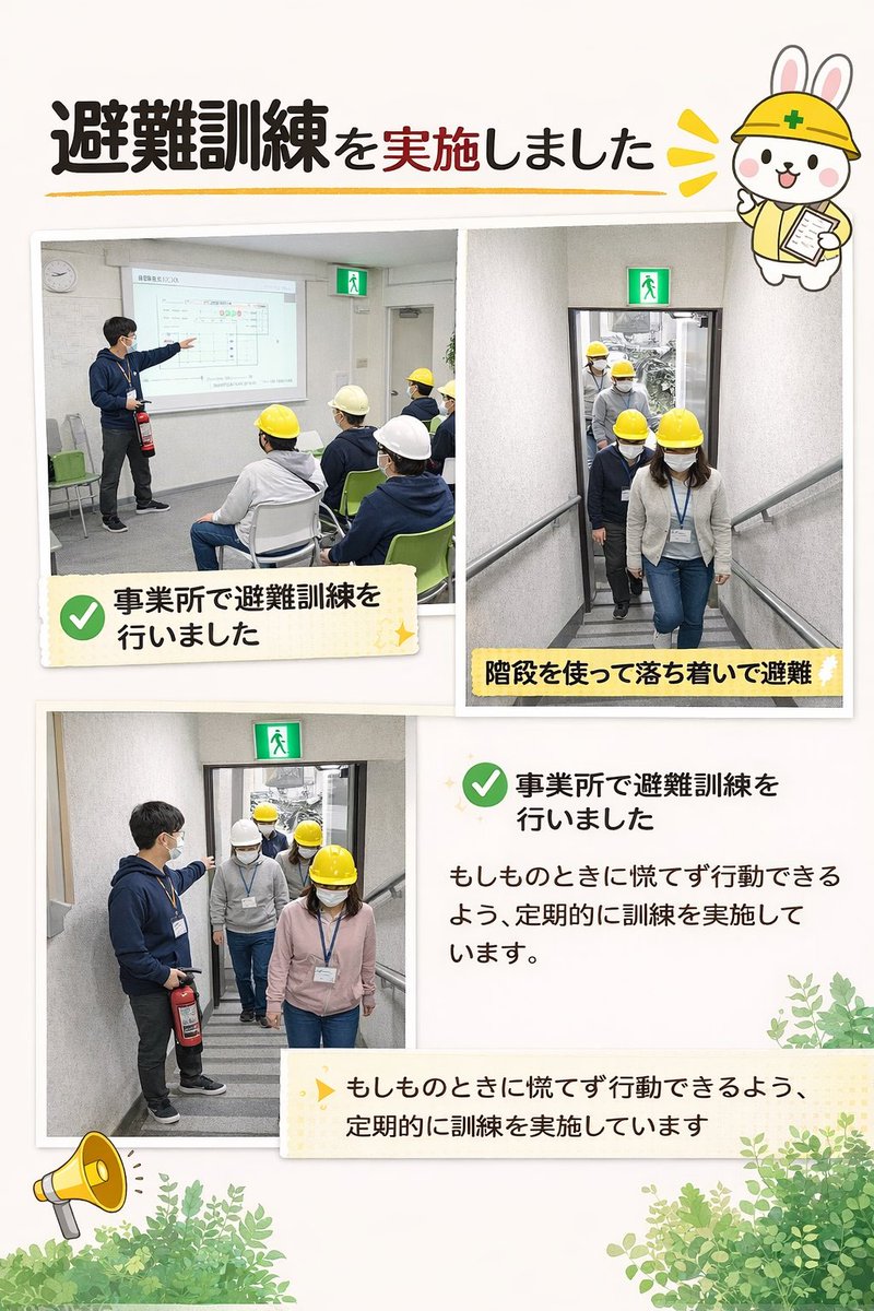 Lifework_jp's tweet photo. 昨日はハーテスVで
避難訓練を行いました🚶‍♀️

実際の動きを確認しながら、
落ち着いて避難できるよう取り組みました✨
そして最後は点呼をとって振り返り❗️

やはり訓練は大切ですね！！

就労継続支援A型事業所もＢ型事業所も訓練する場所です。
一般就労するために毎日コツコツと訓練しています🌈 https://t.co/h9Z8rgvIWm