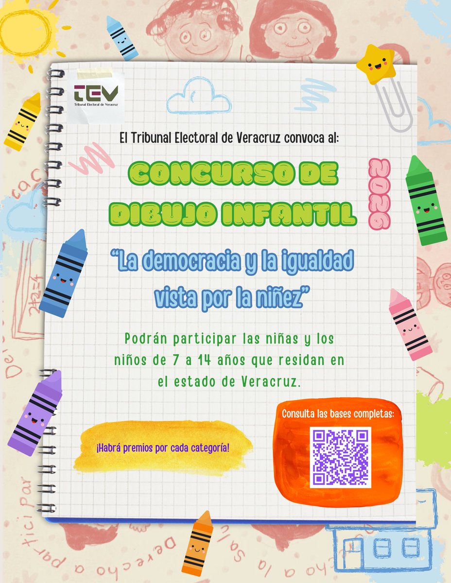 TEVeracruz's tweet photo. ¿Te gusta dibujar?

¿Tienes entre 7 y 14 años?

¿Vives en el estado de Veracruz?

¡Esta es tu oportunidad!

Te invitamos a participar en el Concurso de Dibujo 2026: "La democracia y la igualdad vista por la niñez".

¡Habrá premios por cada categoría!

Consulta las bases en 👉 https://t.co/EiF97GS2gq