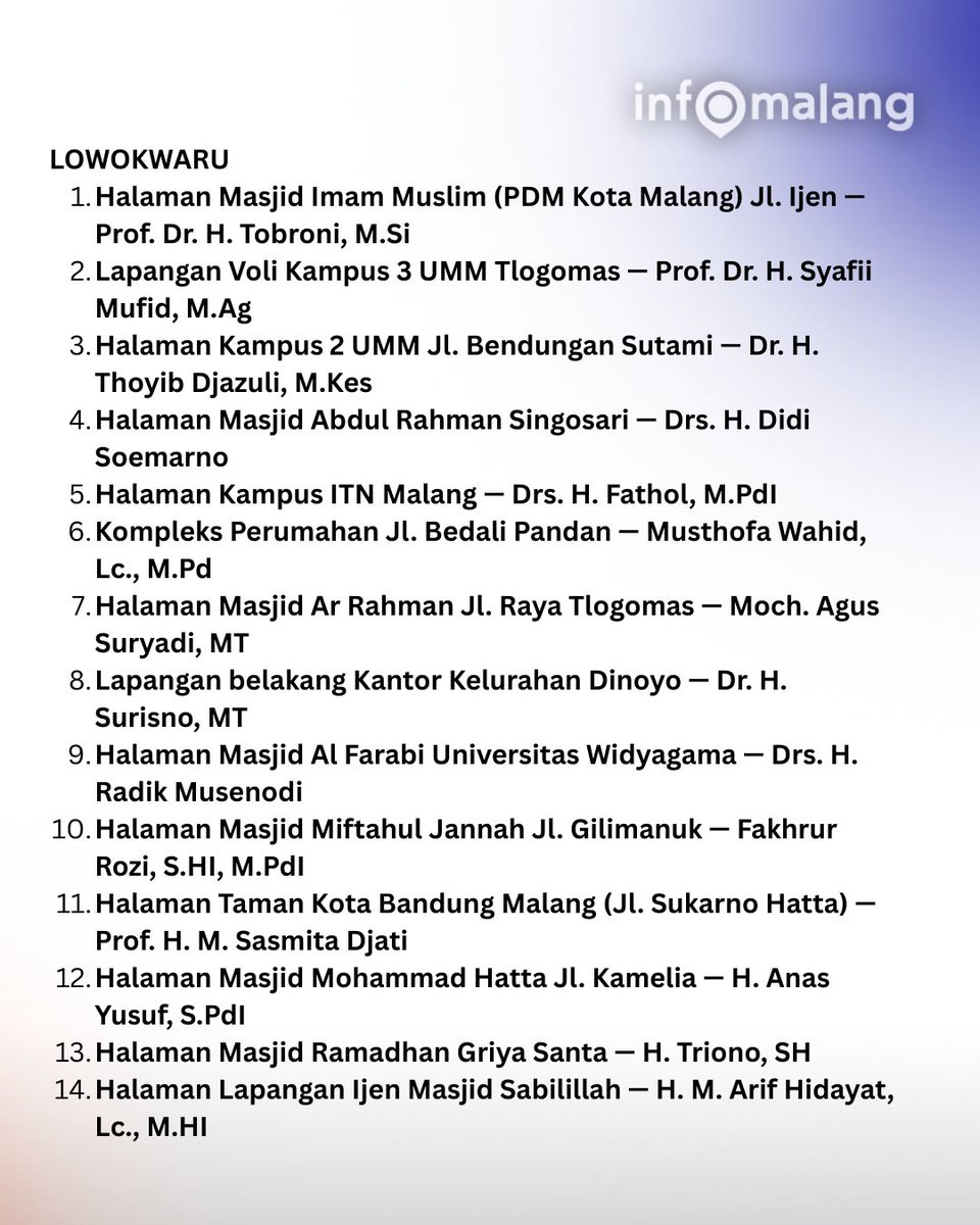 Berikut daftar lokasi salat Idul Fitri Muhammadiyah di Malang Raya. Pelaksanaan salat hari Jumat, 20 Maret 2026.  Sumber: PP Muhammadiyah Kota Malang