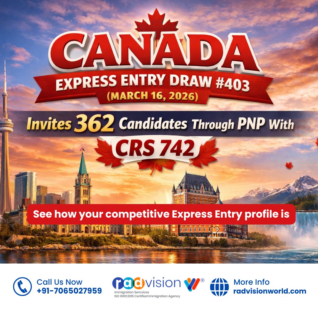 radvisionworld's tweet image. Canada Express Entry Draw #403 Invites 362 Candidates Through PNP With CRS 742

The latest Canada Express Entry draw #403 targeted Provincial Nominee Program candidates and issued 362 Invitations to Apply.

#CanadaExpressEntry #ExpressEntry2026 #CanadaPR #ImmigrateToCanada #CA
