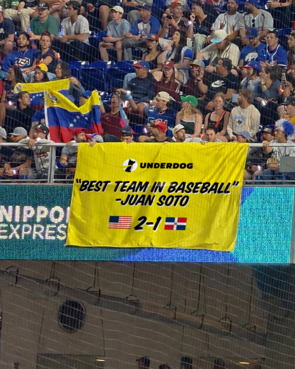 HaterReport's tweet photo. Nah this is petty and I LOVE IT LMFAOO 

Somebody hung a banner for Juan Soto at the WBC Championship game but he’ll only see it from his TV 😂😂

Via @Underdog https://t.co/ZklRtJnciB