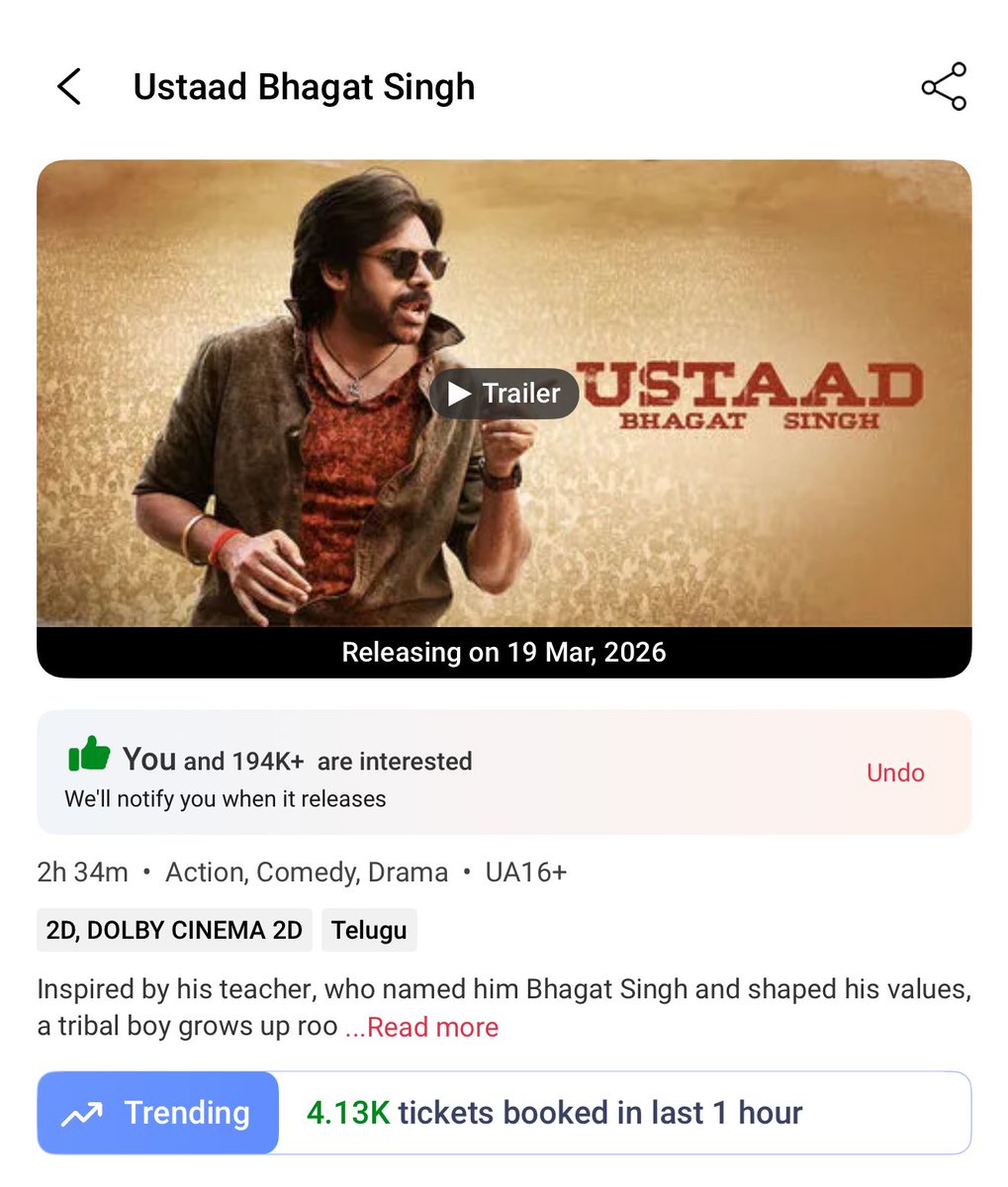 PKcultfanikkada's tweet image. #USB early morning started on high note💥

4.13k tickets booked in last one hour🔥🔥

#UstaadBhagatSingh