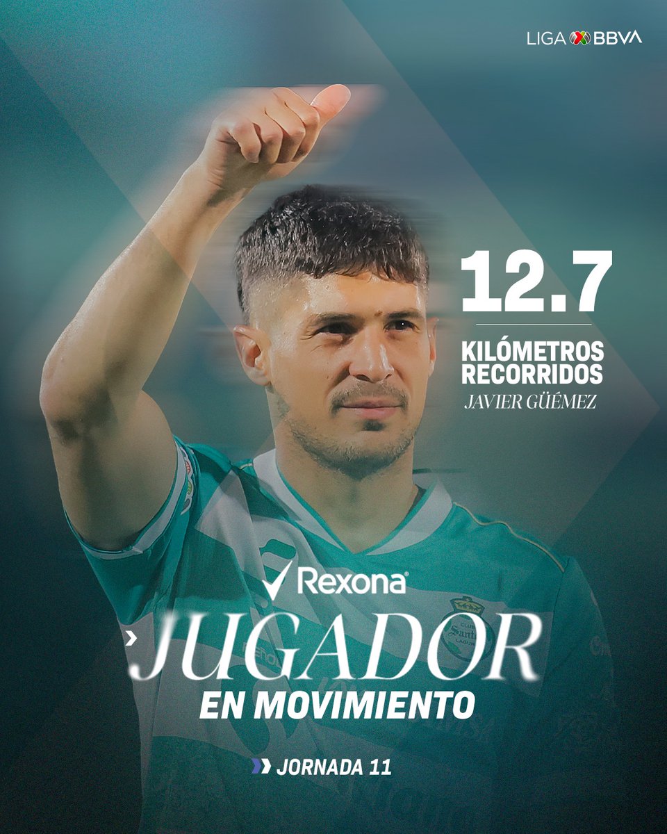LigaBBVAMX's tweet photo. ¡Lo que corrió Güémez! 🥵

El jugador del @ClubSantos es el #JugadorEnMovimiento de @RexonaMx luego de tener 12.7 kilómetros recorridos. 🏃🏻‍♂️

#RexonaNoTeAbandona, el antitranspirante oficial.
#ConMéxicoC26 #LaLigaDeLaAfición https://t.co/dBvG9Bbfxx