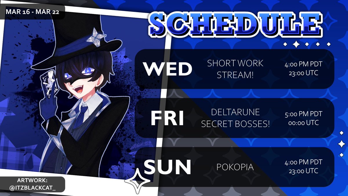 kurtishoshimoto's tweet photo. 🎩This Week's Stream Schedule✨
It's spring break for me! Trying to take it easy and rest up for the last half of the semester!
🎨Phantastic artwork by @/itzblackcat.bsky.social!
🔴Live Tag: #CallingCardSent
🎨Art Tag: #Phan_Art
📽️Clips Tag: #CaughtIn4Kurtis https://t.co/LI1TFkLhlj