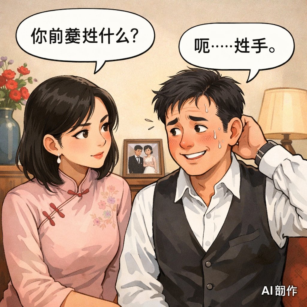 有一个人，年纪已经过了四十岁才开始谈婚论娶，自己也觉得太晚了，不好意思直说，就粉饰说自己是“续弦”，也就是前妻去世后再娶。

等到成婚之后，妻子观察他平时的一举一动，觉得他分明像是个从没结过婚的人。于是就问他：“你前妻姓什么？”

丈夫一下子来不及思考，脱口而出：“姓手。”