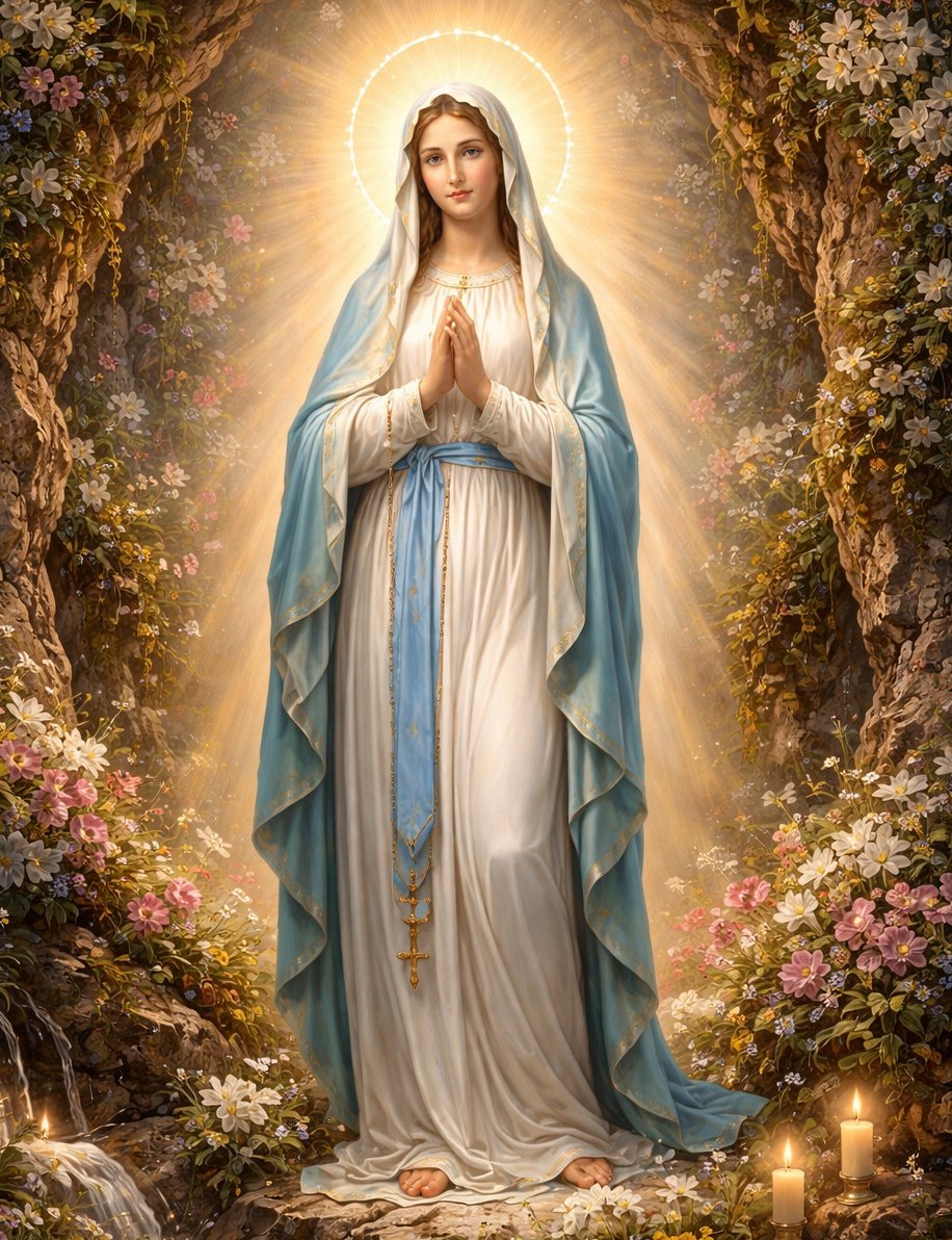 ✝️ Dios te salve, María, 
llena eres de gracia;
el Señor es contigo.
Bendita Tú eres 
entre todas las mujeres,
y bendito es el fruto de tu vientre, Jesús. 

Santa María, Madre de Dios,
ruega por nosotros, pecadores,
ahora y en la hora de nuestra muerte. Amén 🙏