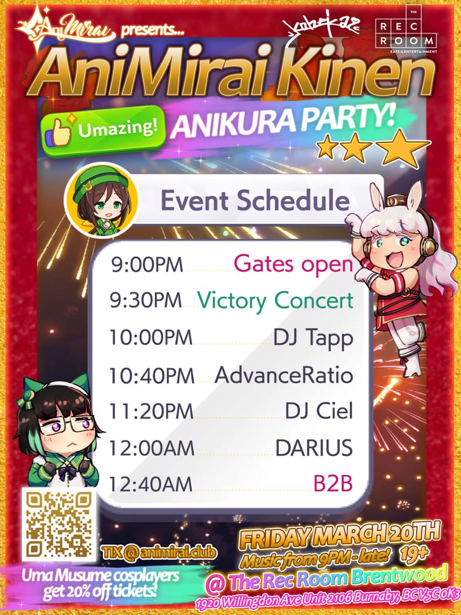 animiraiclub's tweet photo. 🐴  RACE SCHEDULE 🥇

AniMirai Kinen is THIS WEEKEND! Have you been training enough? Keeping your mood up? 

Here's what you can expect on the big day 😎  Reminder that UMA MUSUME COSPLAYERS get 20% of tickets, and don't miss your chance to get early bird tickets! See you there! https://t.co/DjkmTlFC1G