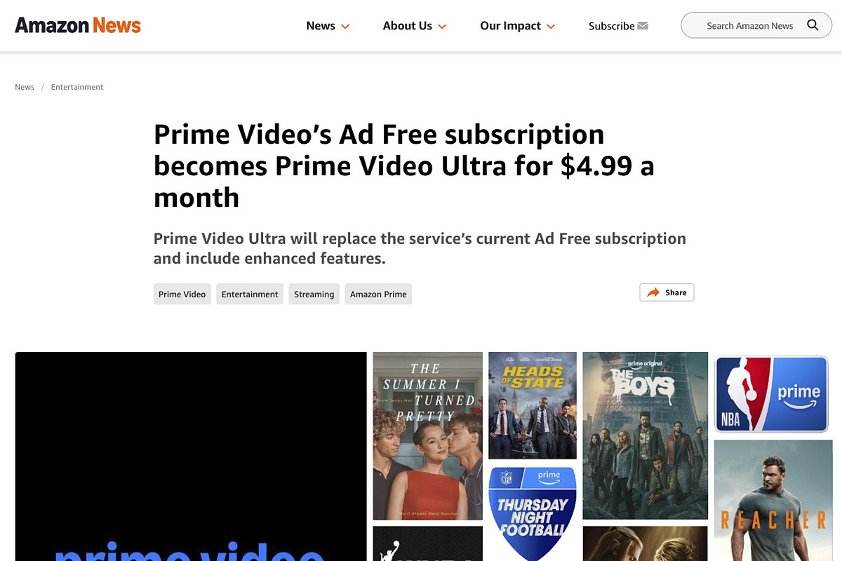 Amazon、米国で広告なし4K/Atmosの「Prime Video Ultra」開始。通常Prime会員はHD解像度に av.watch.impress.co.jp/docs/news/2094…