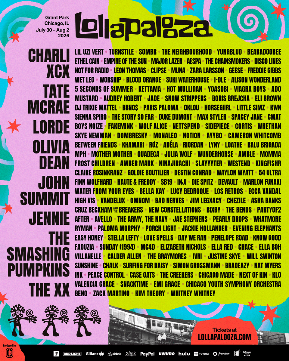WWTS_Festivals's tweet photo. I think this lineup is pretty decent....John Summit, Wet Leg, Alison Wonderland, Charli XCX, Tate McRae

#lolla26 #musicfestivals https://t.co/HDfa894tbL