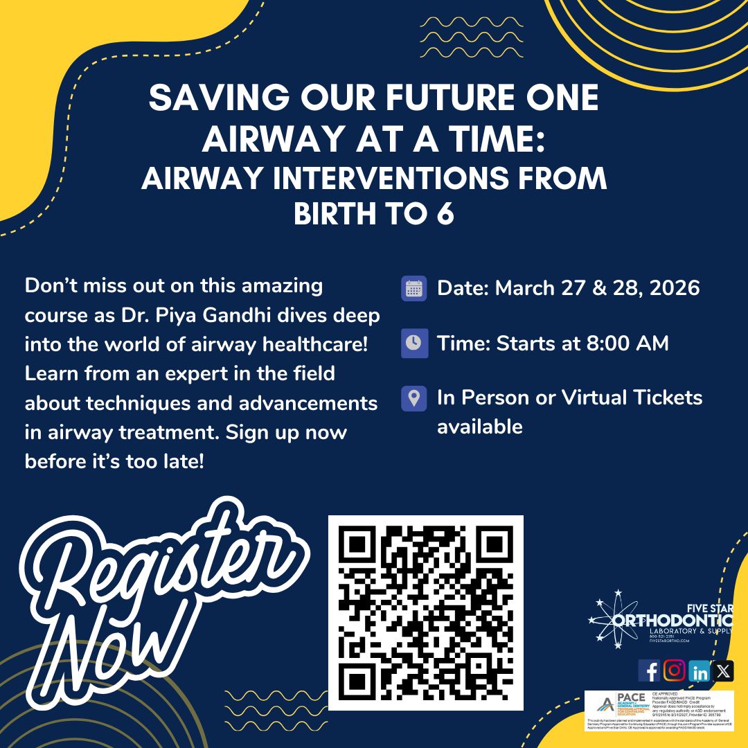 📣 Exciting news Dr. Piya Gandhi coming to Five Star Ortho on March 27th and 28th to teach her course "Saving Our Future One Airway at a Time: Intervention from Birth to 6". Scan the QR code and sign up now for this incredible opportunity to learn from the best!🎉 #FiveStarOrtho