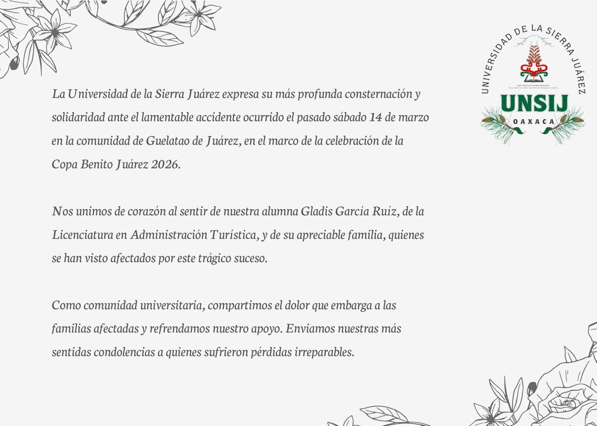 Expresamos nuestra solidaridad con las personas y familias afectadas por el lamentable accidente en Guelatao de Juárez.