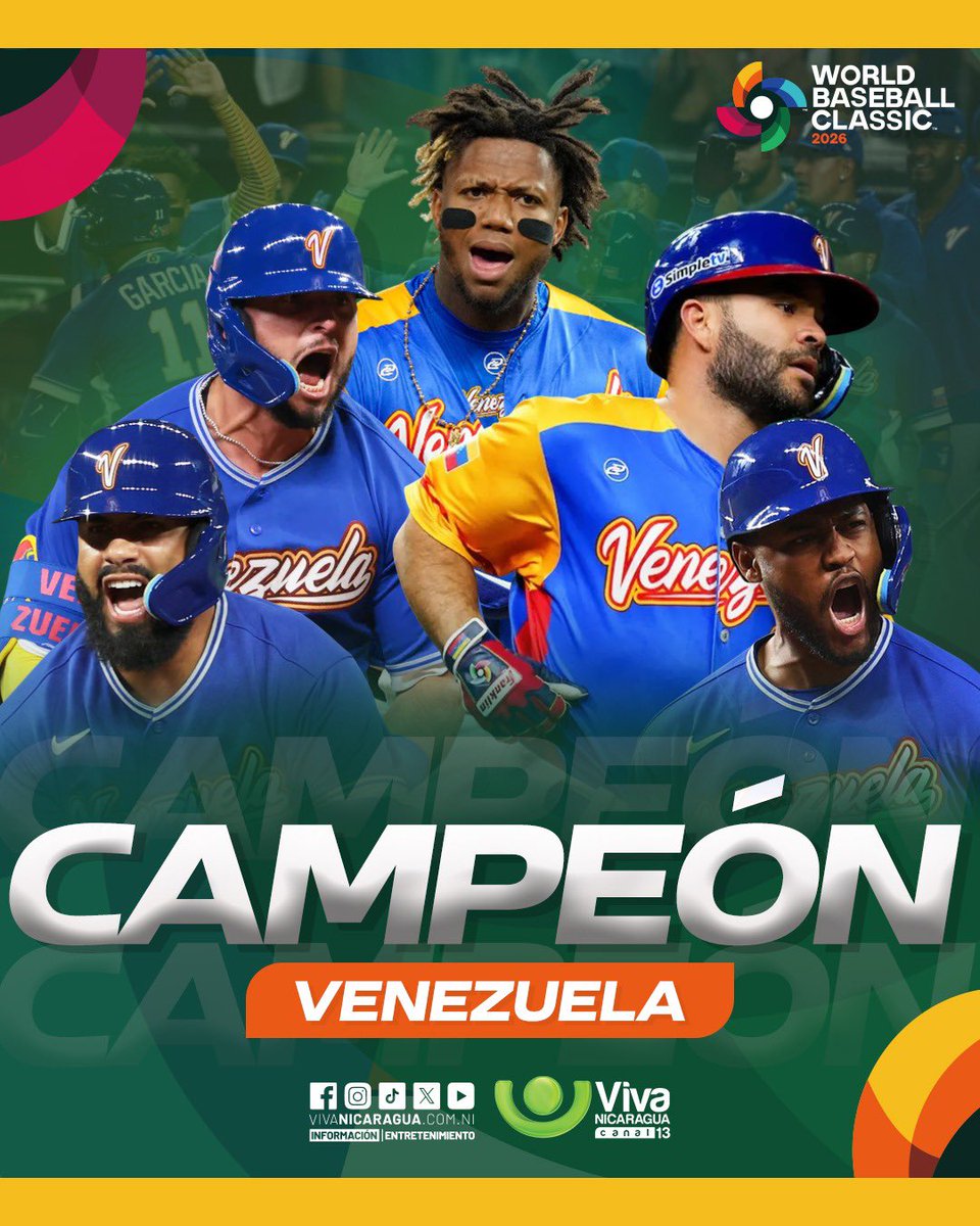 VivaNicaragua13's tweet photo. ¡Venezuela es campeón del Clásico Mundial de Béisbol 2026! 🏆🔥

Con una actuación histórica, la Selección Nacional de Béisbol de Venezuela 👏🏻✨ se corona como campeón mundial tras vencer 3‑2 a Estados Unidos 🇺🇸⚾️

#VenezuelaCampeon #ClasicoMundialdeBeisbol https://t.co/b9eiXngzIq