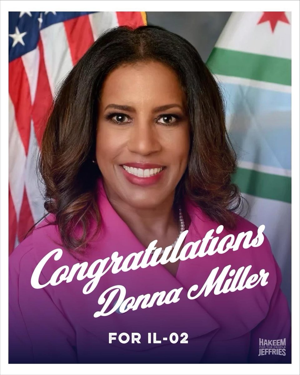 hakeemjeffries's tweet photo. Congratulations to Cook County Commissioner @Donna4Congress on your primary victory tonight!

Donna ran a positive, forward-looking campaign and will serve the people of #IL02 well as a Member of Congress next year. https://t.co/499WnYneUX