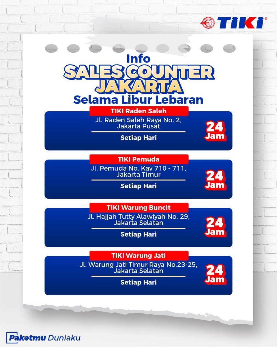 IdTiki's tweet photo. TIKI tetap available di titik-titik strategis Jakarta biar kamu bisa kirim paket meskipun saat lebaran.

Cek list lokasinya di postingan ini, dan jangan lupa disave juga yaaaa

#PaketmuDuniaku #KirimPaket #SalesCounter https://t.co/Iu9OgbE2Fr
