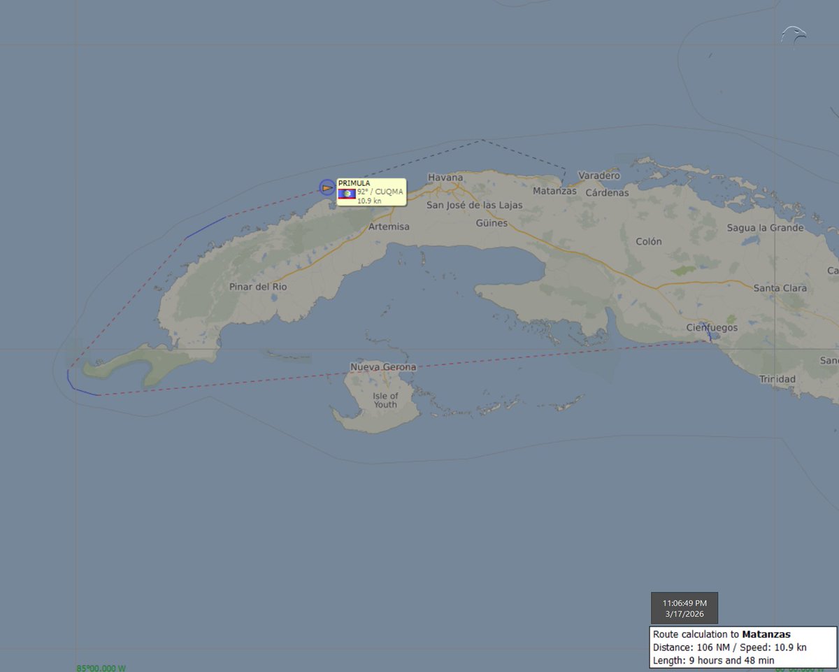 FlconEYES's tweet image. ⚓️ #PRIMULA – IMO 9038593 
Tanquero de combustibles rentado bajo bandera de #Belize, operando en cabotajes bajo control del @PartidoPCC.

#Cienfuegos-#Habana 
Cala: 5.7 de 10.33

#Now #Cuba #AIS #cubarcos #17Mar