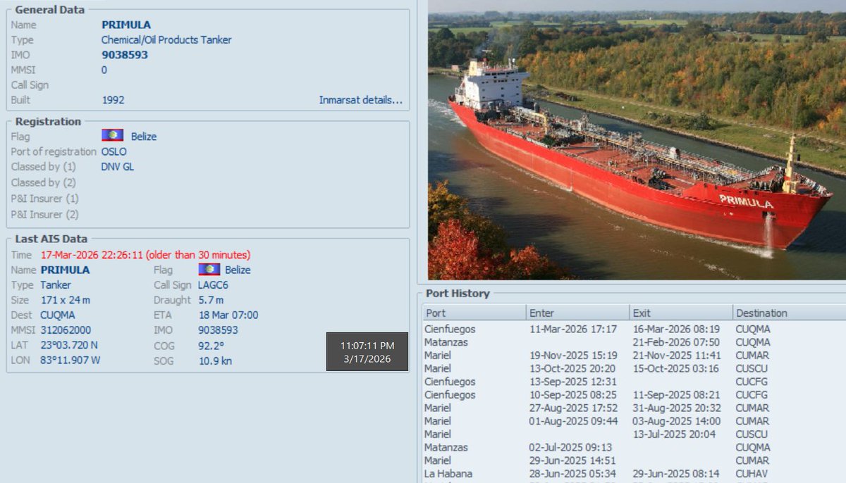 FlconEYES's tweet image. ⚓️ #PRIMULA – IMO 9038593 
Tanquero de combustibles rentado bajo bandera de #Belize, operando en cabotajes bajo control del @PartidoPCC.

#Cienfuegos-#Habana 
Cala: 5.7 de 10.33

#Now #Cuba #AIS #cubarcos #17Mar