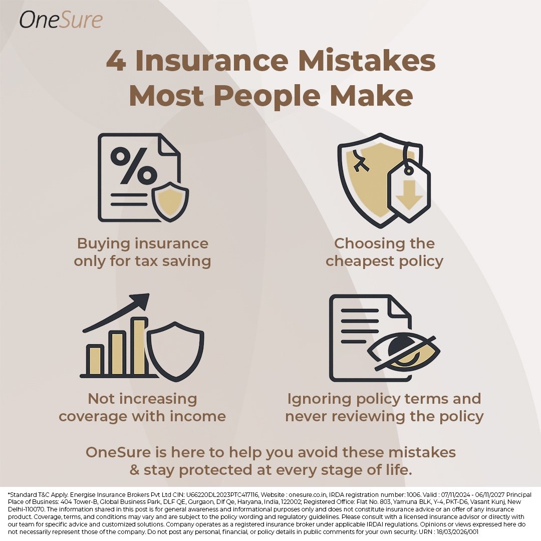 OneSureOfficial's tweet photo. Are you making these insurance mistakes without even realizing it? 

From buying policies for tax saving to ignoring coverage gaps, small mistakes can lead to big risks.

OneSure is here to guide you at every step.

#Insurance #FinancialSecurity #OneSure https://t.co/Qzvu6RZQ9M