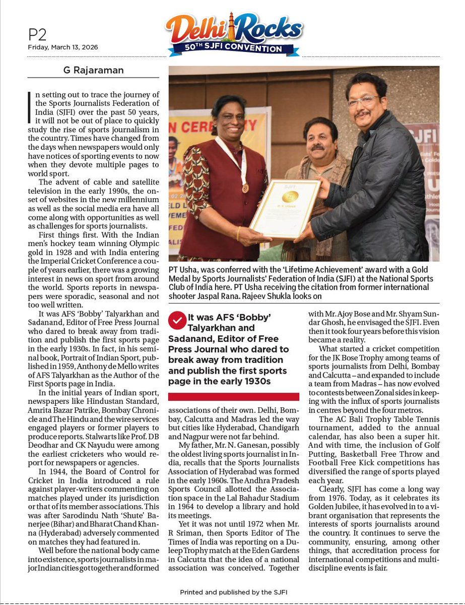 g_rajaraman's tweet photo. I had the pleasant challenge of tracing the 50-year journey of the Sports Journalists' Federation of India. I used the chance to pay tributes to AFS 'Bobby' Talyarkhan and Sadanand, the then Editor of Free Press Journal, of introducing the Sports Page to the daily newspapers in India.