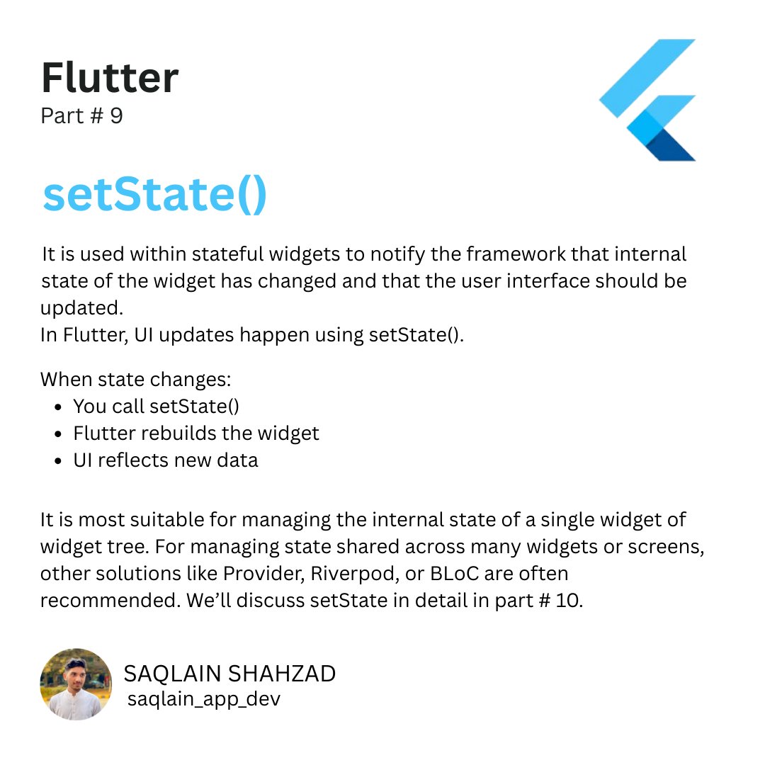 Saqlain_hn's tweet photo. setState in flutter is used inside StatefulWidgets to notify Flutter that internal state has changed and a UI rebuild is needed. Best for local, single-widget state.

#Flutter #FlutterDev #LearnFlutter #StateManagement #MobileDev #Dart https://t.co/dYljdI5o27