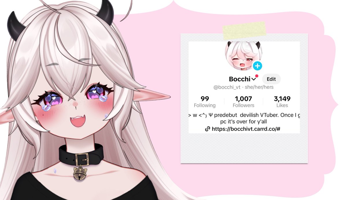 Bocchi_VT's tweet photo. I know I don’t have a lot of people here yet but I wanted to take a second, even if it’s just for myself and the few people that see this to say thank you. 
This means the absolute world to me, I had been holding off on creating content and becoming a Vtuber for years because of the lack of a real computer capable of streaming. Along with that I have such anxiety that people wouldn’t like me and that whole classic thing. So to have a thousand followers before even getting to stream has filled my heart with so much joy. 
Thank you to everyone who has been a part of this, I can’t wait to continue making more content and saving for a computer. I am so excited to see what the future brings for this little devil. 
Again from the bottom of my heart thank you :’3
#vtuber